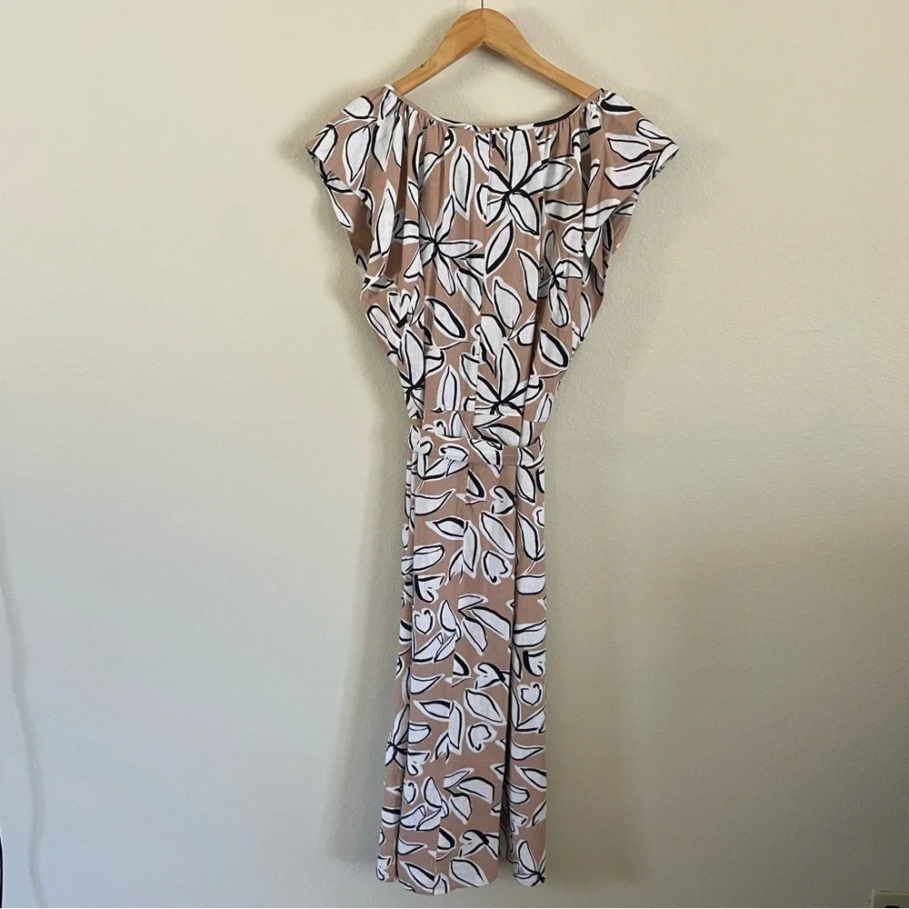 NWT Loft Outlet Linen Blend Floral Print Ivory Tan Navy Dress Size 14P